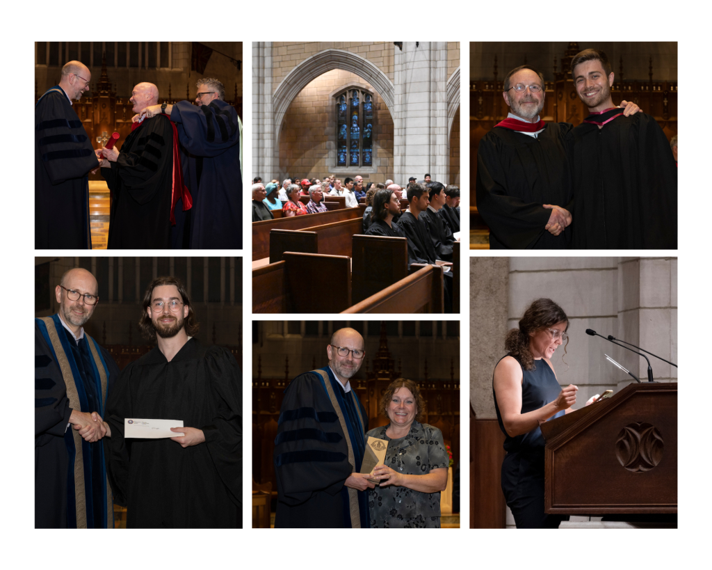 A collage featuring smiling graduates in caps and gowns, the historic Church of St. Andrew and St. Paul, and the Convocation speaker delivering an address.